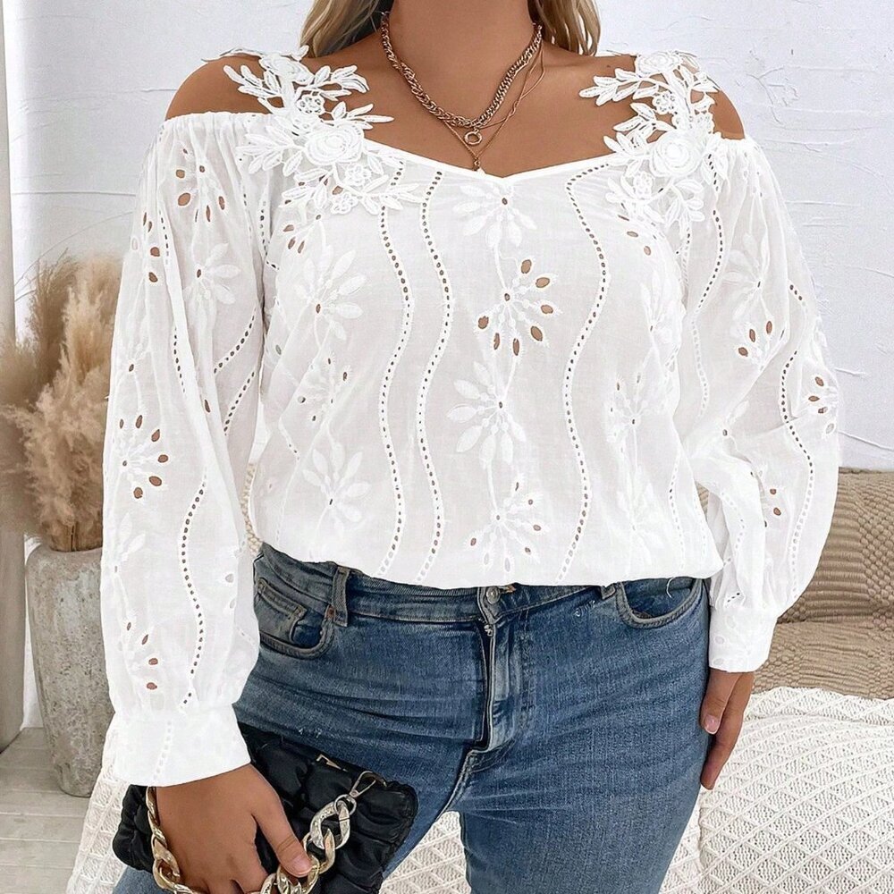 White Casual Women's Plus Size Cold Shoulder Blouse - Picture 6 of 6